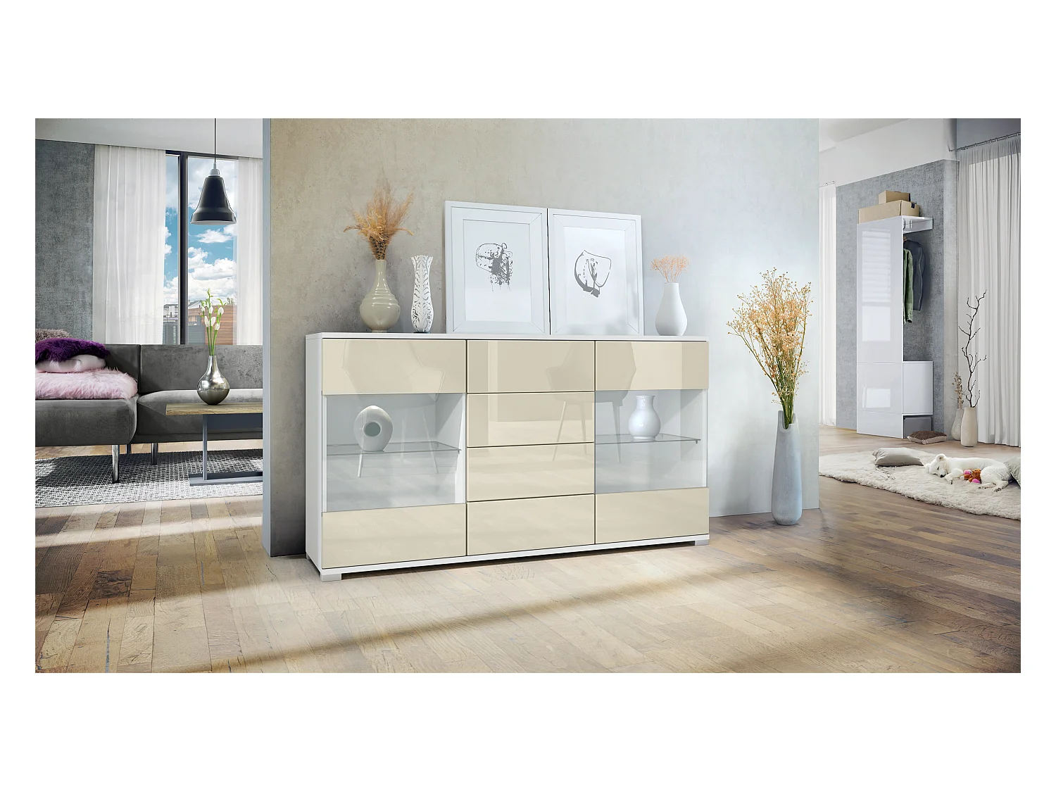 Buffet Bari V1 – Meuble avec 2 Grandes Portes et 4 Tiroirs, blanc mat/crème haute brillance (138,5 x 75,5 x 35)