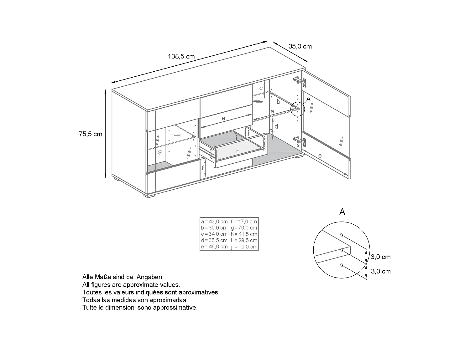 Buffet Bari V1 – Meuble avec 2 Grandes Portes et 4 Tiroirs, blanc mat/crème haute brillance (138,5 x 75,5 x 35)