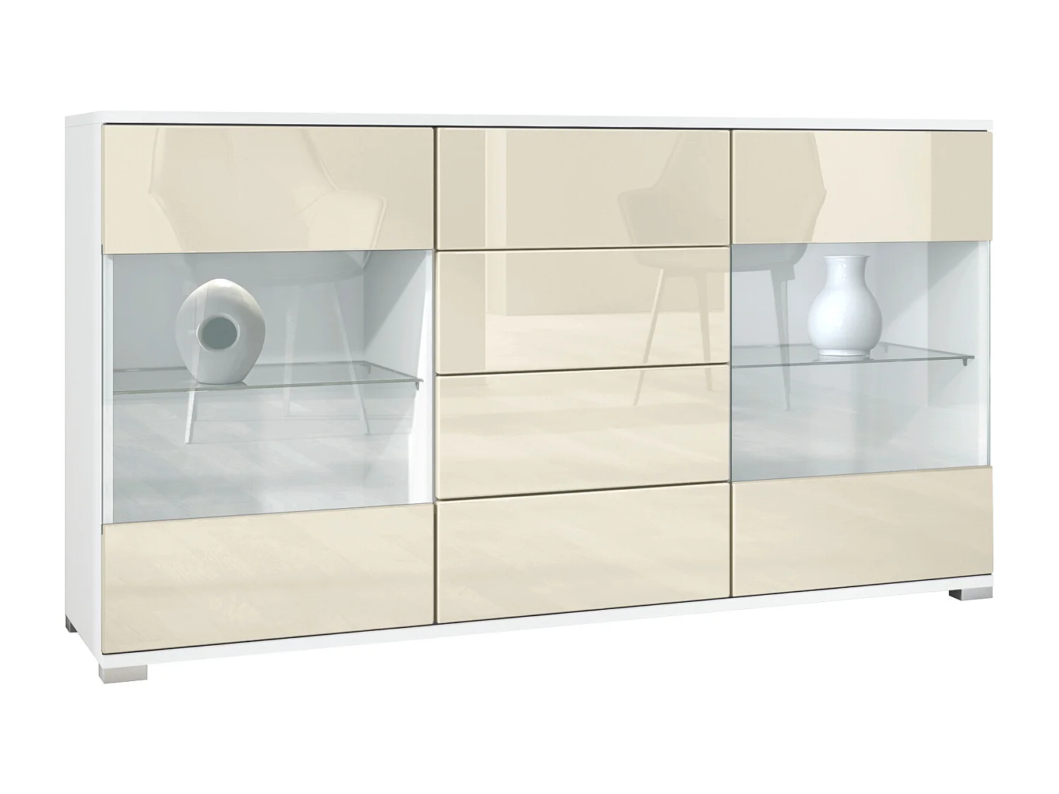 Buffet Bari V1 – Meuble avec 2 Grandes Portes et 4 Tiroirs, blanc mat/crème haute brillance (138,5 x 75,5 x 35)