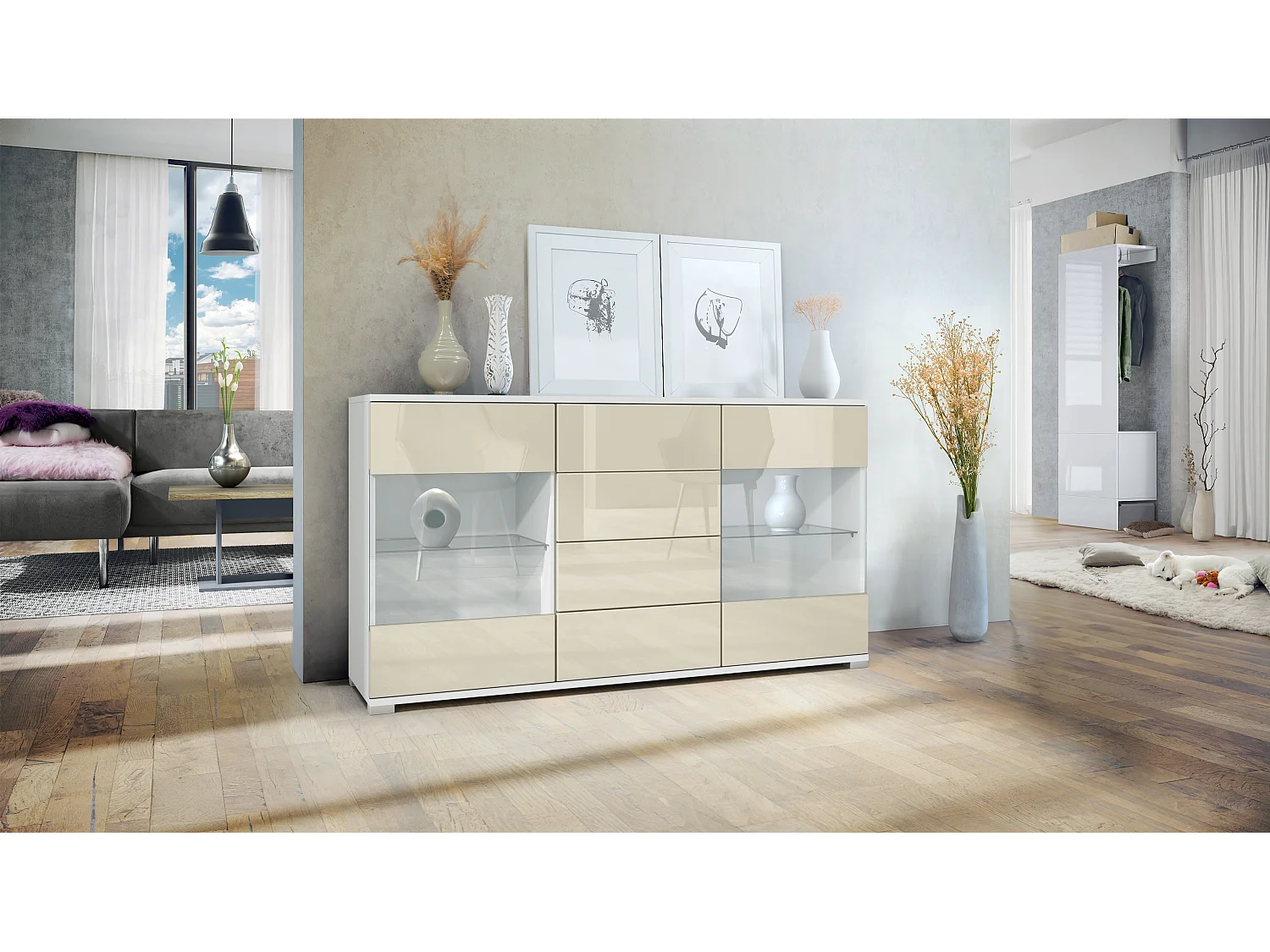 Buffet Bari V1 – Meuble avec 2 Grandes Portes et 4 Tiroirs, blanc mat/crème haute brillance (138,5 x 75,5 x 35)