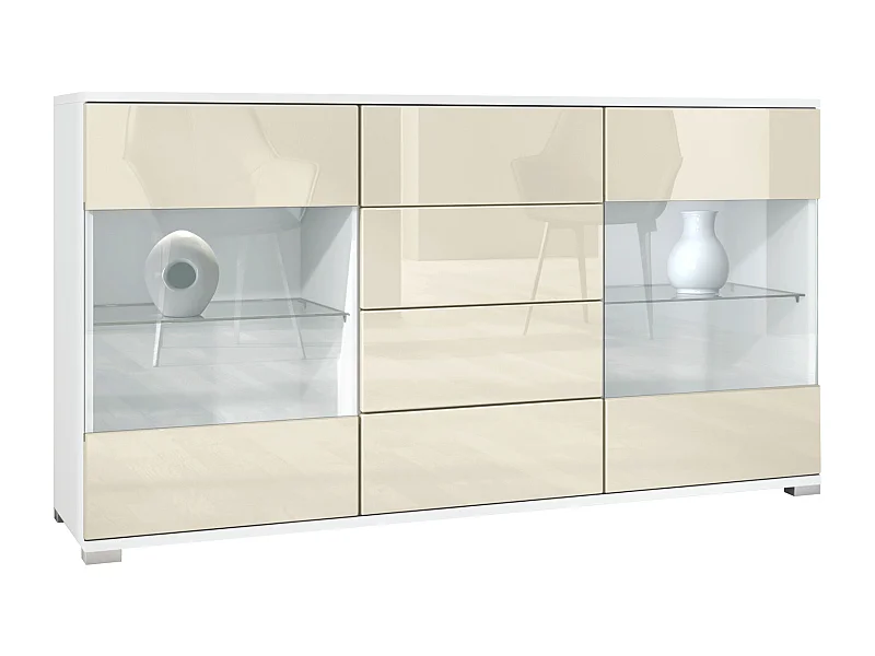 Buffet Bari V1 – Meuble avec 2 Grandes Portes et 4 Tiroirs, blanc mat/crème haute brillance (138,5 x 75,5 x 35)