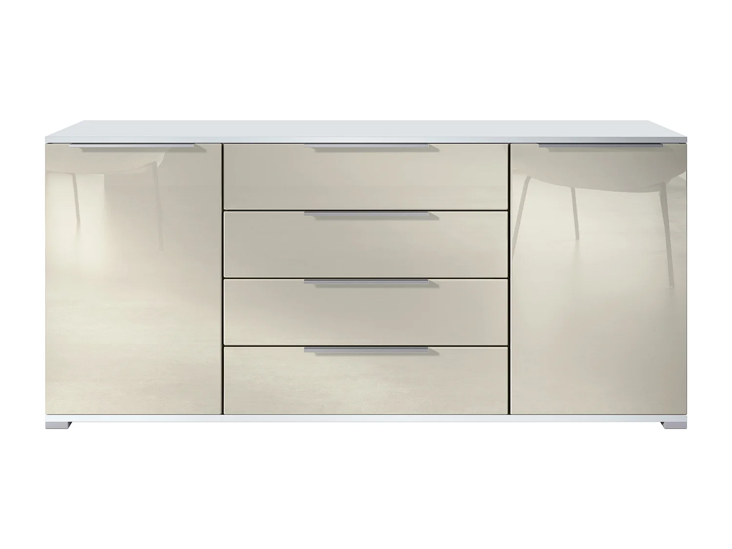 Buffet Linio V2 – Commode moderne avec 2 portes et 4 tiroirs, blanc mat/crème haute brillance, 166,5 x 75,5 x 35 cm (L x H x P) – Meuble de rangement bahut