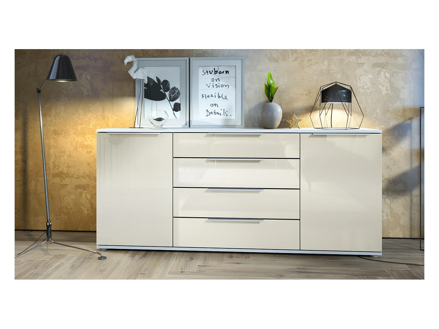 Buffet Linio V2 – Commode moderne avec 2 portes et 4 tiroirs, blanc mat/crème haute brillance, 166,5 x 75,5 x 35 cm (L x H x P) – Meuble de rangement bahut