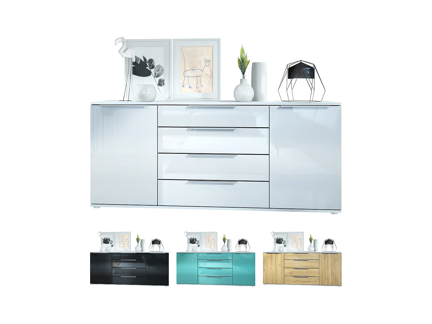 Buffet Linio V2 – Commode moderne avec 2 portes et 4 tiroirs, blanc mat/crème haute brillance, 166,5 x 75,5 x 35 cm (L x H x P) – Meuble de rangement bahut