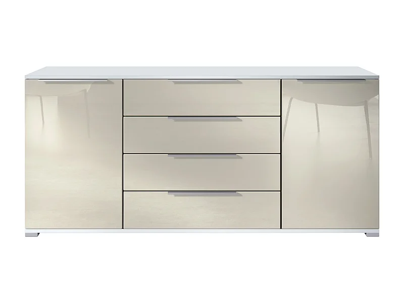 Aparador Linio V2 – Mueble moderno con 2 puertas y 4 cajones, blanco mate/crema de alto brillo, 166,5 x 75,5 x 35 cm (An x Al x P) – Mueble auxiliar buffet armario