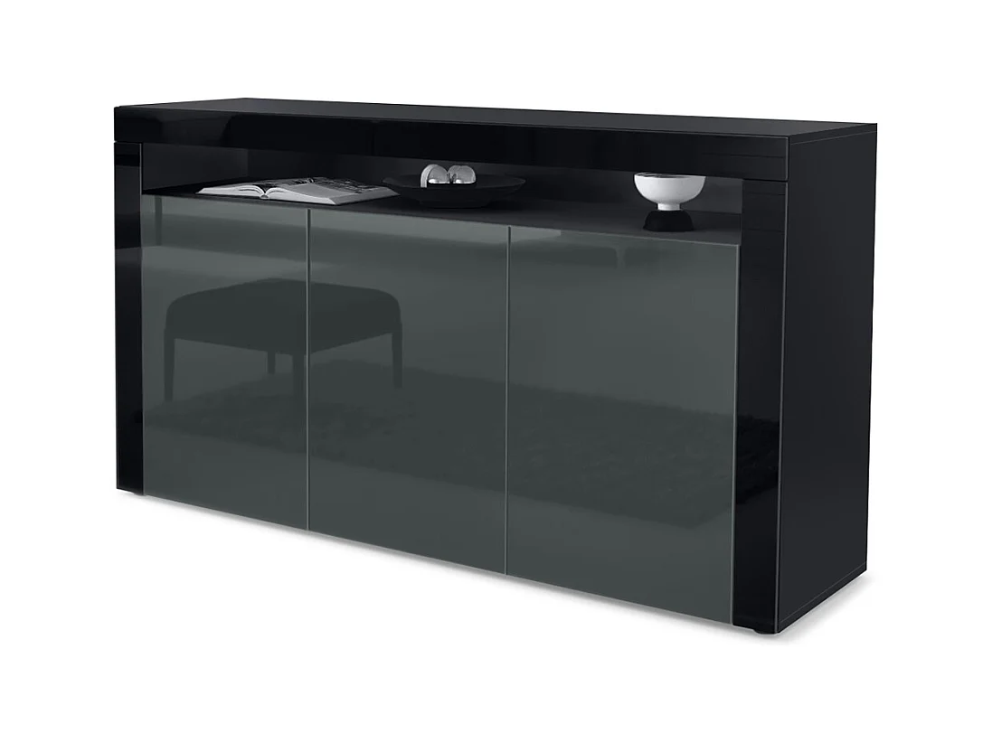 Buffet Valencia, Commode avec 3 portes et 1 compartiment ouvert, Noir mat/gris haute brillance/noir haute brillance (155 x 92 x 40 cm)