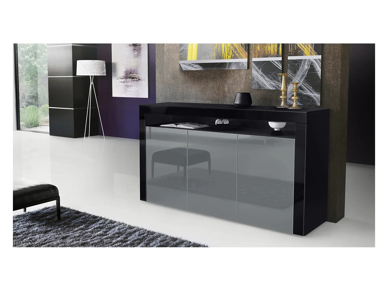 Buffet Valencia, Commode avec 3 portes et 1 compartiment ouvert, Noir mat/gris haute brillance/noir haute brillance (155 x 92 x 40 cm)
