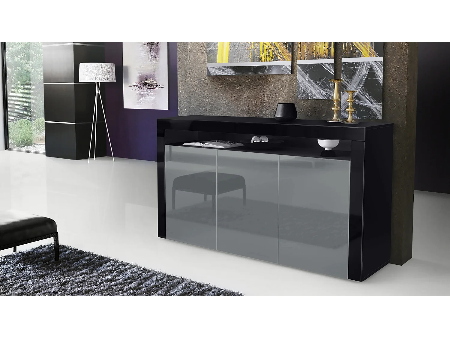 SIDEBOARD Valencia Grau Hochglanz / Schwarz Hochglanz