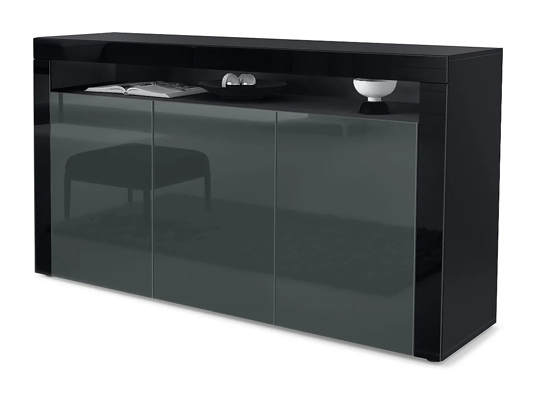 Buffet Valencia, Commode avec 3 portes et 1 compartiment ouvert, Noir/gris haute brillance (155 x 92 x 40 cm)