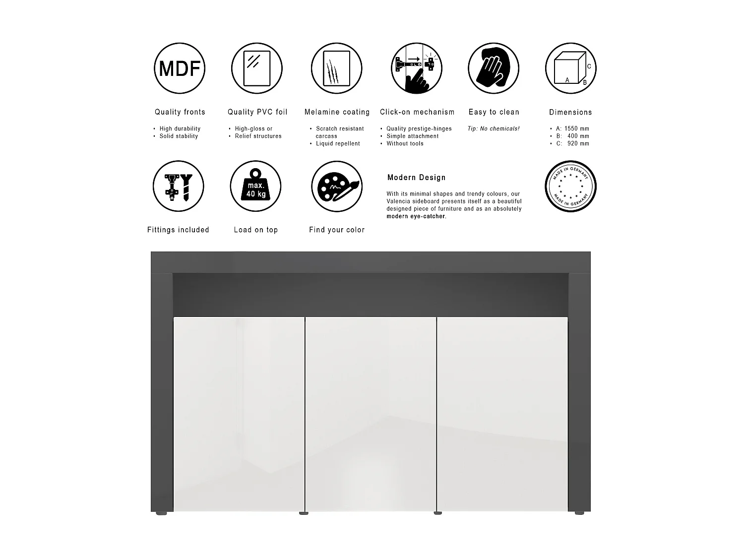 Buffet Valencia, Commode avec 3 portes et 1 compartiment ouvert, Noir/gris haute brillance (155 x 92 x 40 cm)