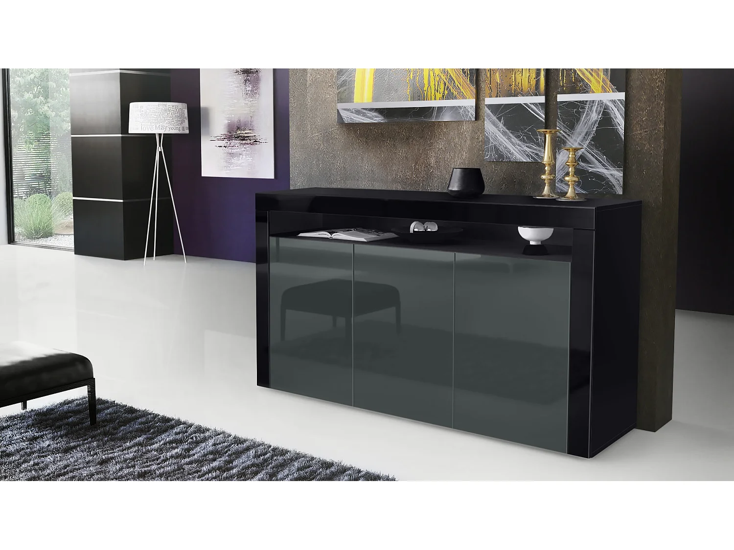 Buffet Valencia, Commode avec 3 portes et 1 compartiment ouvert, Noir/gris haute brillance (155 x 92 x 40 cm)