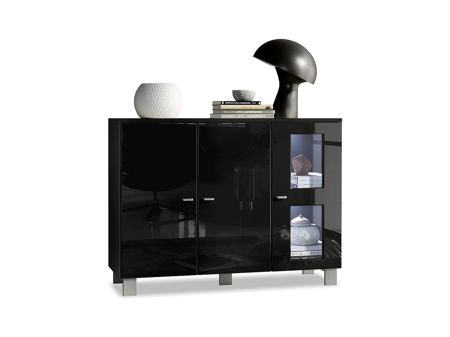 Buffet Denjo, Commode avec 3 portes, Noir mat/Noir haute brillance, éclairage LED inclus (107 x 81 x 35 cm)