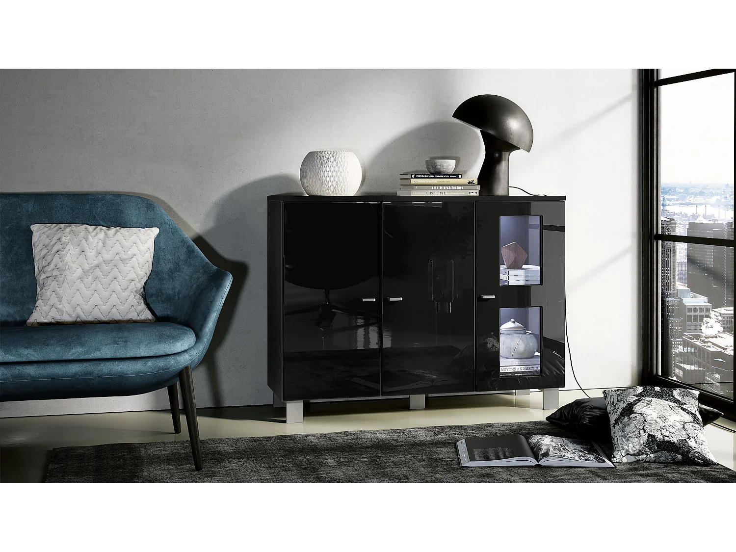 Buffet Denjo, Commode avec 3 portes, Noir mat/Noir haute brillance, éclairage LED inclus (107 x 81 x 35 cm)