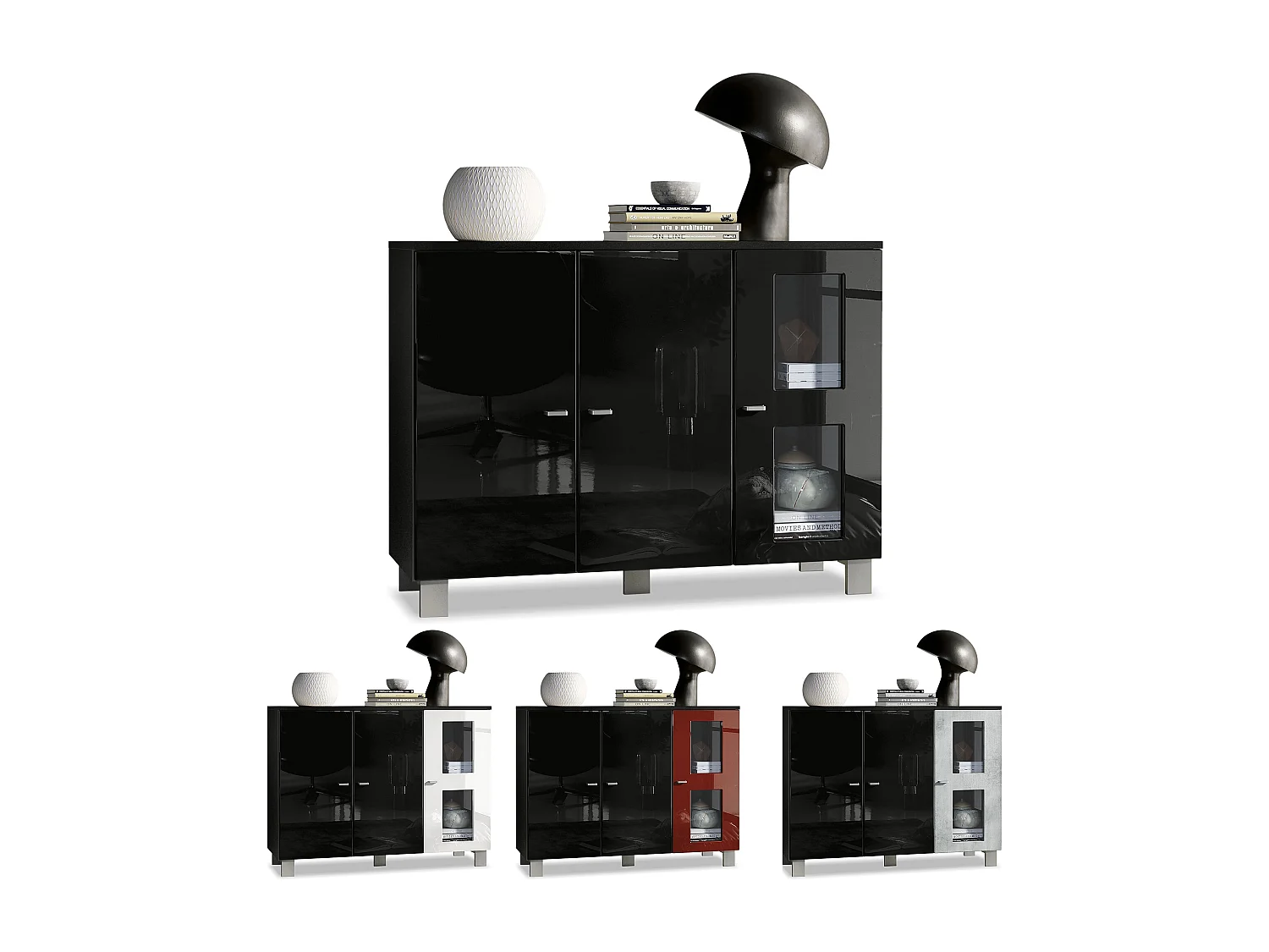 Buffet Denjo, Commode avec 3 portes, Noir mat/Noir haute brillance, éclairage LED inclus (107 x 81 x 35 cm)