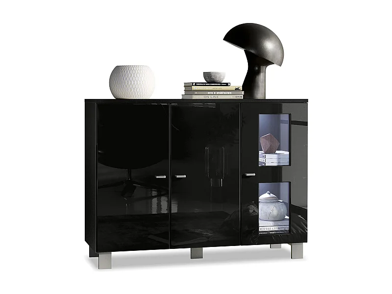 Vladon Cajonera Denjo, Cómoda con 3 Puertas, Negro mate/Negro de alto brillo, incluida iluminación LED (107 x 81 x 35 cm)