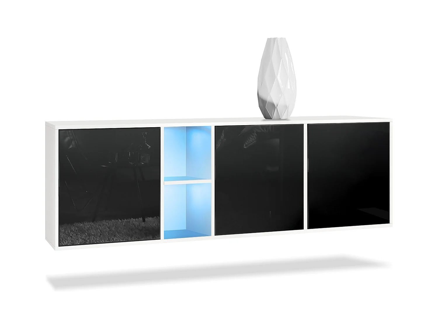 Commode Cuba - blanc mat/noir haute brillance y compris LED - Buffet moderne pour votre salon - (LxHxP) 182x53x35 cm