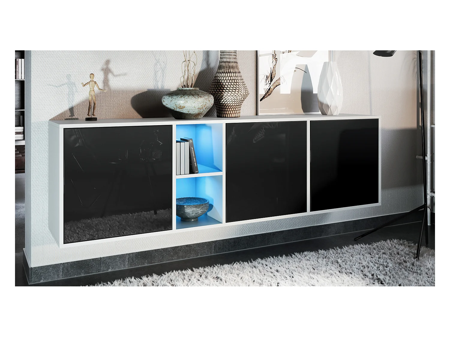 Commode Cuba - blanc mat/noir haute brillance y compris LED - Buffet moderne pour votre salon - (LxHxP) 182x53x35 cm