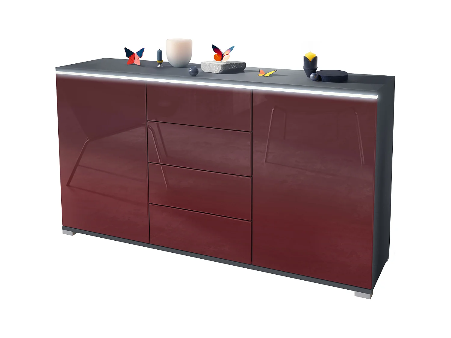 Buffet Faro V1 – Meuble avec 2 Portes & 4 Tiroirs, Armoire avec Bande LED Lumineuse, anthracite mat / bordeaux haute brillance (138,5 x 75,5 x 35)