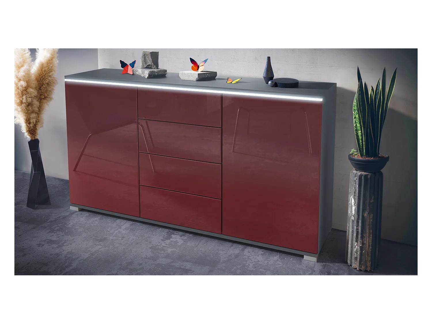 Buffet Faro V1 – Meuble avec 2 Portes & 4 Tiroirs, Armoire avec Bande LED Lumineuse, anthracite mat / bordeaux haute brillance (138,5 x 75,5 x 35)