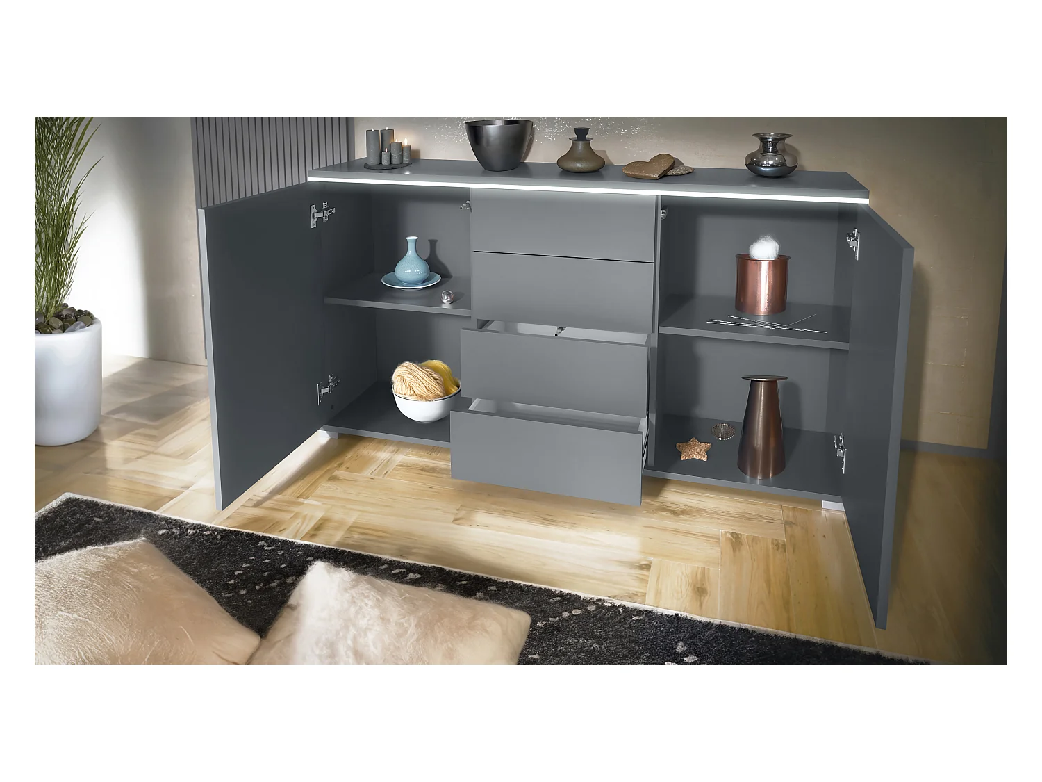 Buffet Faro V1 – Meuble avec 2 Portes & 4 Tiroirs, Armoire avec Bande LED Lumineuse, anthracite mat / bordeaux haute brillance (138,5 x 75,5 x 35)