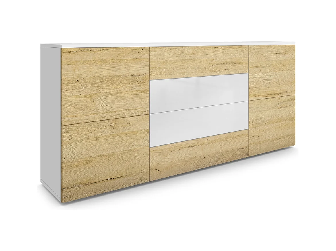 Buffet Rova, Commode avec 4 portes et 4 tiroirs, Blanc mat/Chêne Nature (166 x 72 x 35 cm)