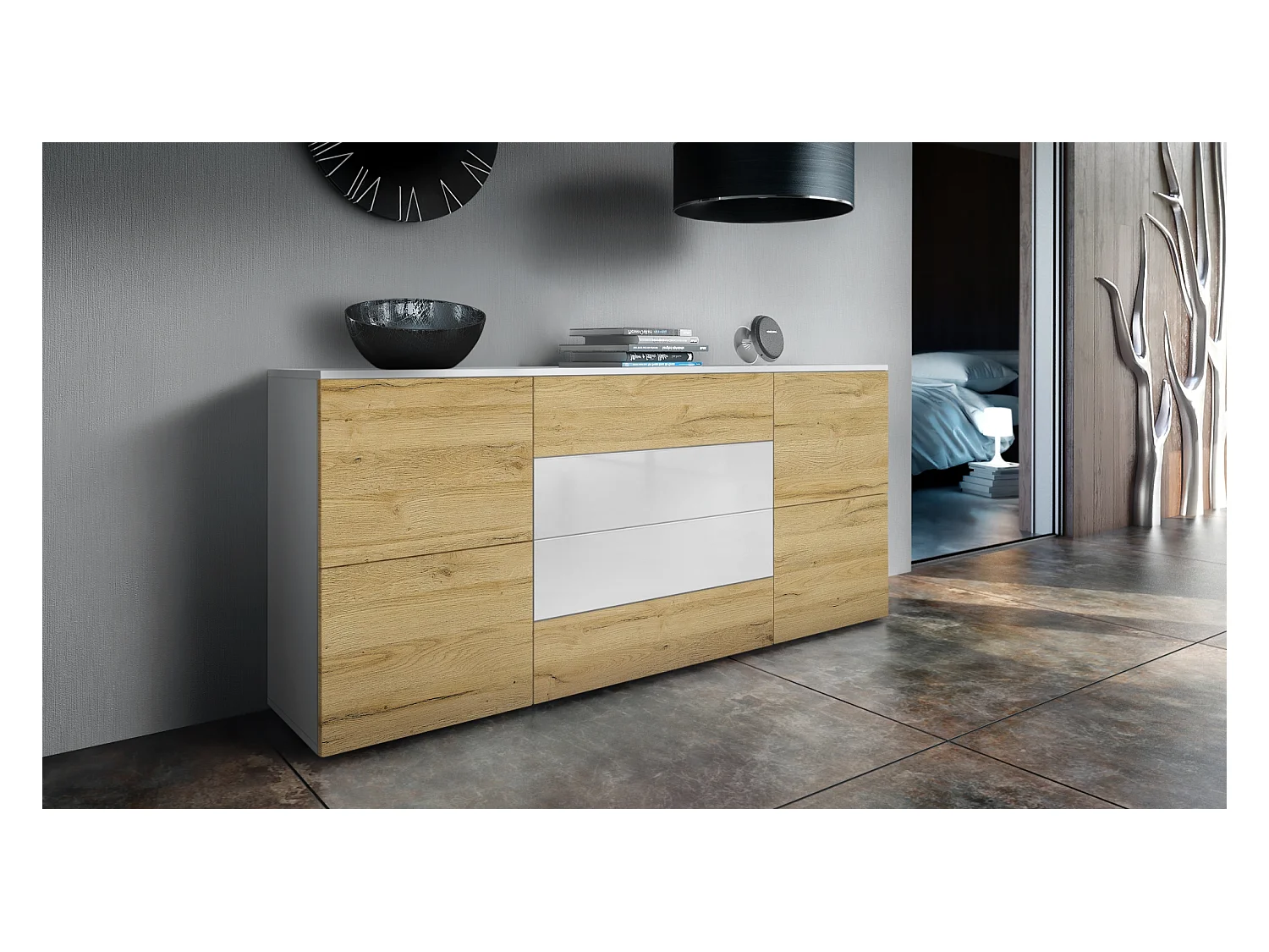 Buffet Rova, Commode avec 4 portes et 4 tiroirs, Blanc mat/Chêne Nature (166 x 72 x 35 cm)
