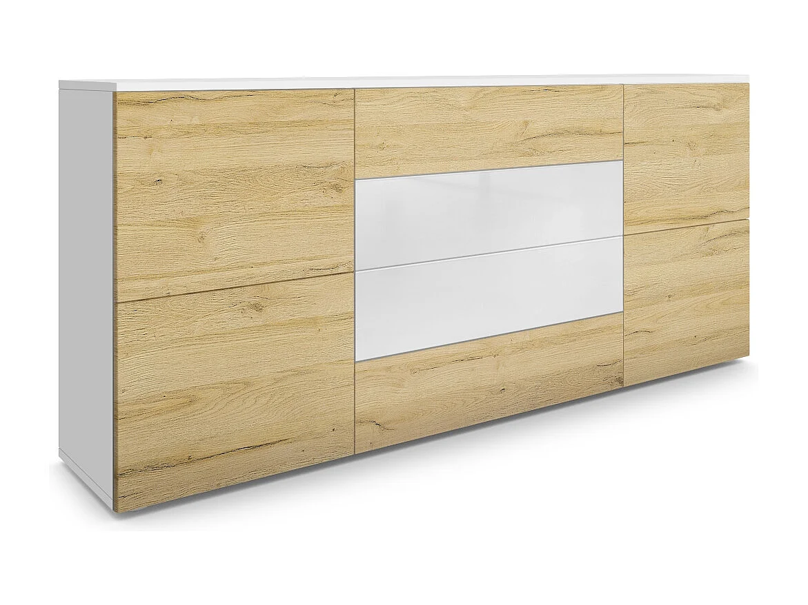Madia  Rova, mobile con 4 ante e 4 cassetti, bianco opaco/rovere naturale/bianco lucido (166 x 72 x 35 cm)