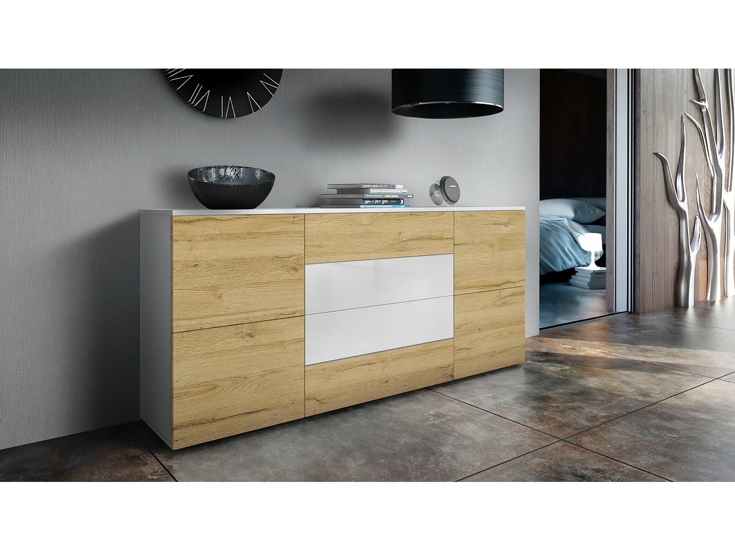 Madia  Rova, mobile con 4 ante e 4 cassetti, bianco opaco/rovere naturale/bianco lucido (166 x 72 x 35 cm)