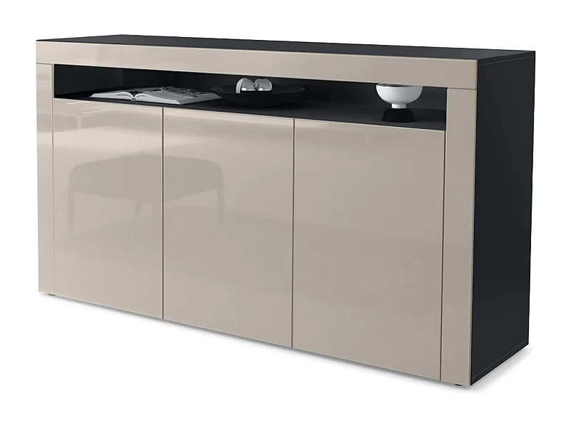 Buffet Valencia, Commode avec 3 portes et 1 compartiment ouvert, Noir mat/gris sable haute brillance/gris sable haute brillance (155 x 92 x 40 cm)