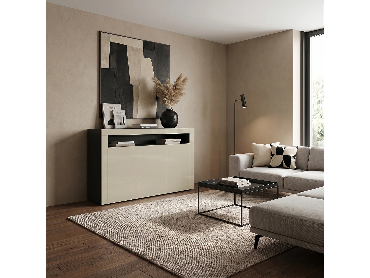 Madia  Valencia, mobile a 3 ante e 1 scomparto aperto, nero opaco/grigio sabbia lucido/grigio sabbia lucido (155 x 92 x 40 cm)