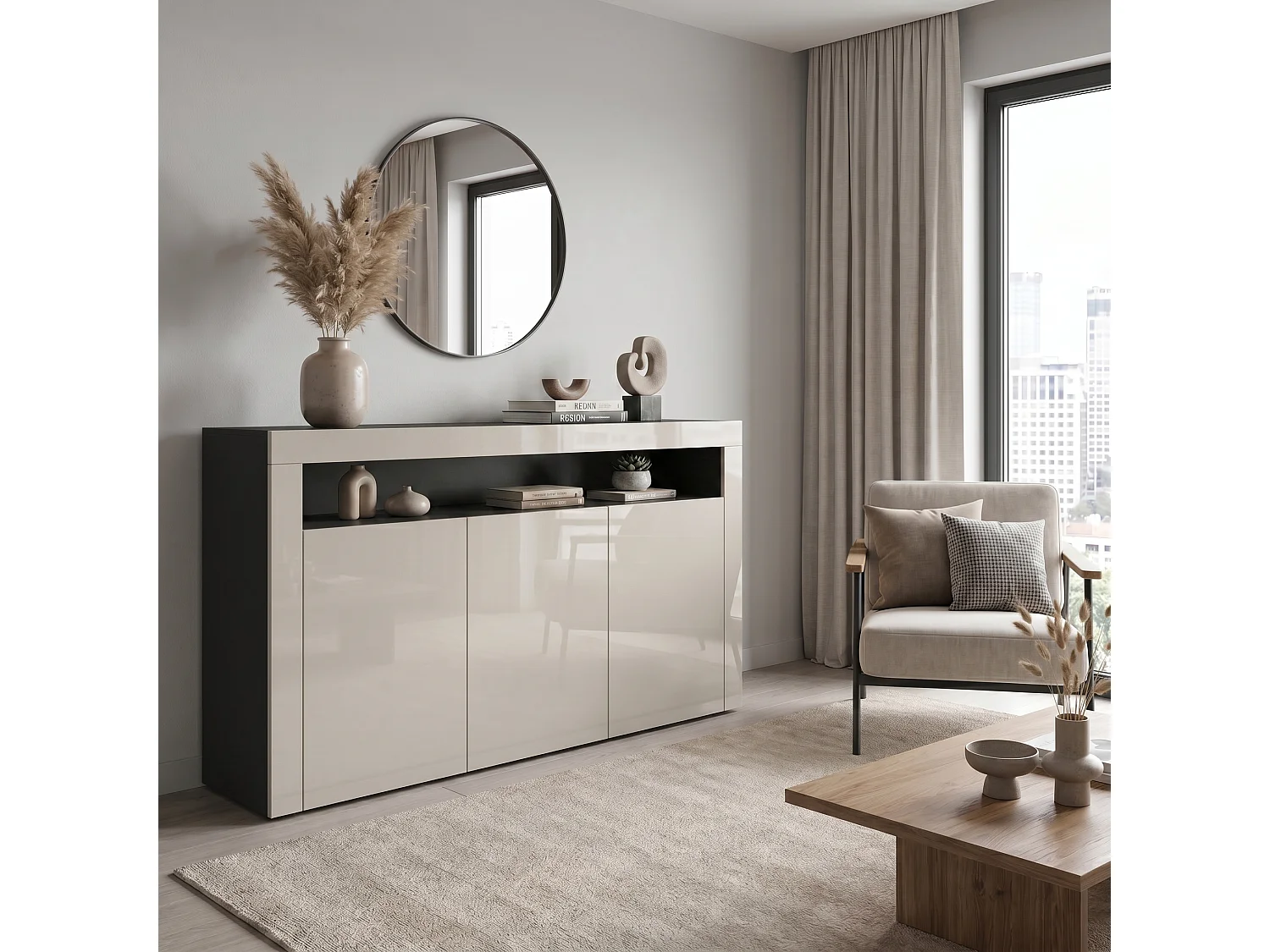SIDEBOARD Valencia Sandgrau Hochglanz / Sandgrau Hochglanz