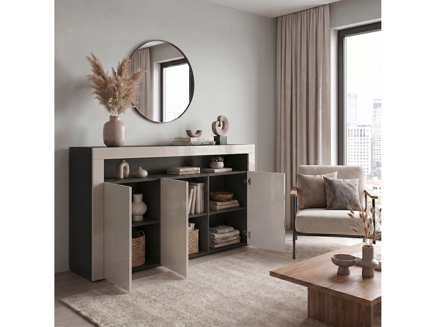 SIDEBOARD Valencia Sandgrau Hochglanz / Sandgrau Hochglanz
