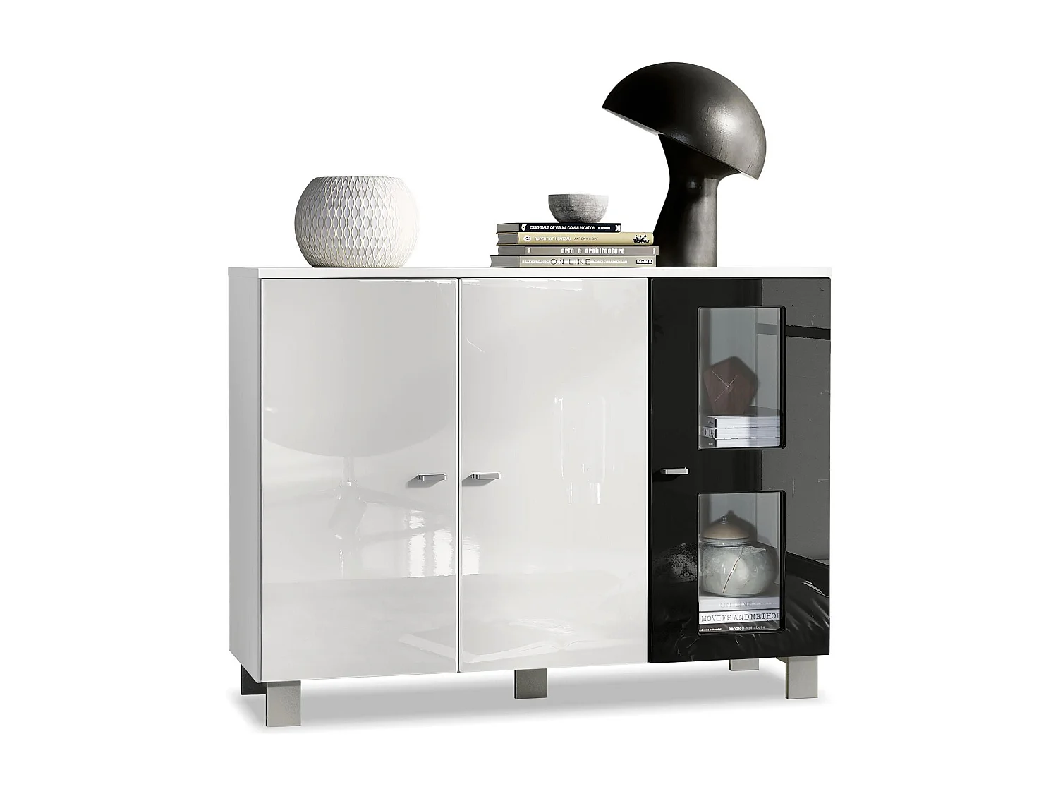 Buffet Denjo, Commode avec 3 portes, Blanc mat/Blanc haute brillance/Noir haute brillance (107 x 81 x 35 cm)