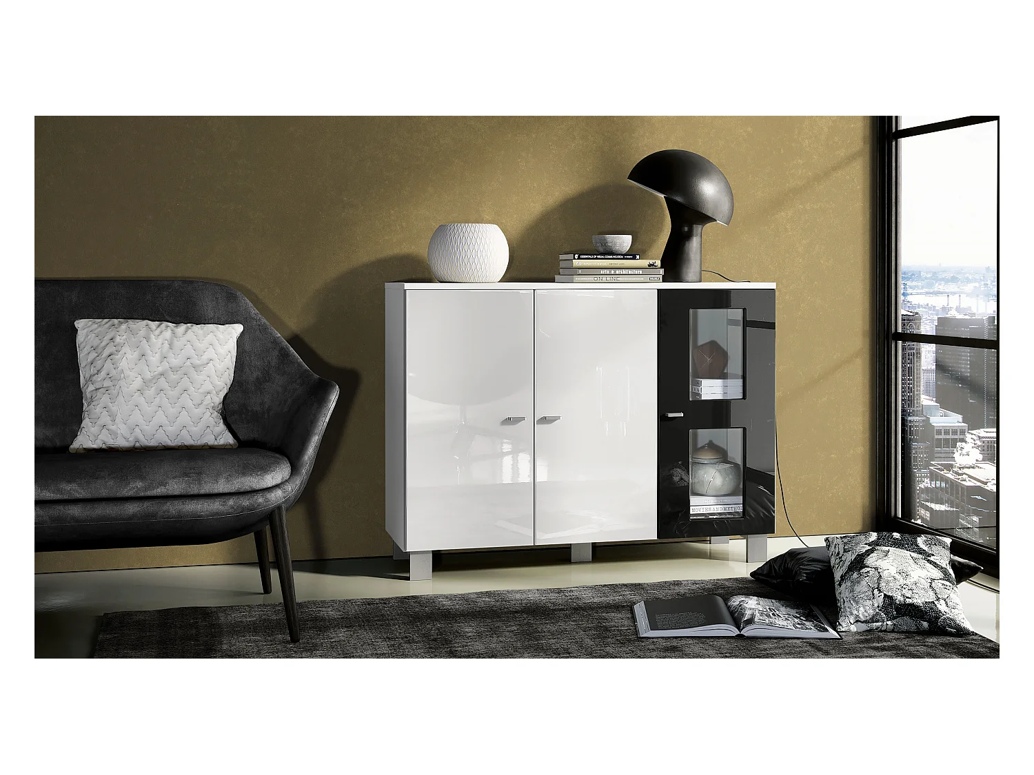 Buffet Denjo, Commode avec 3 portes, Blanc mat/Blanc haute brillance/Noir haute brillance (107 x 81 x 35 cm)