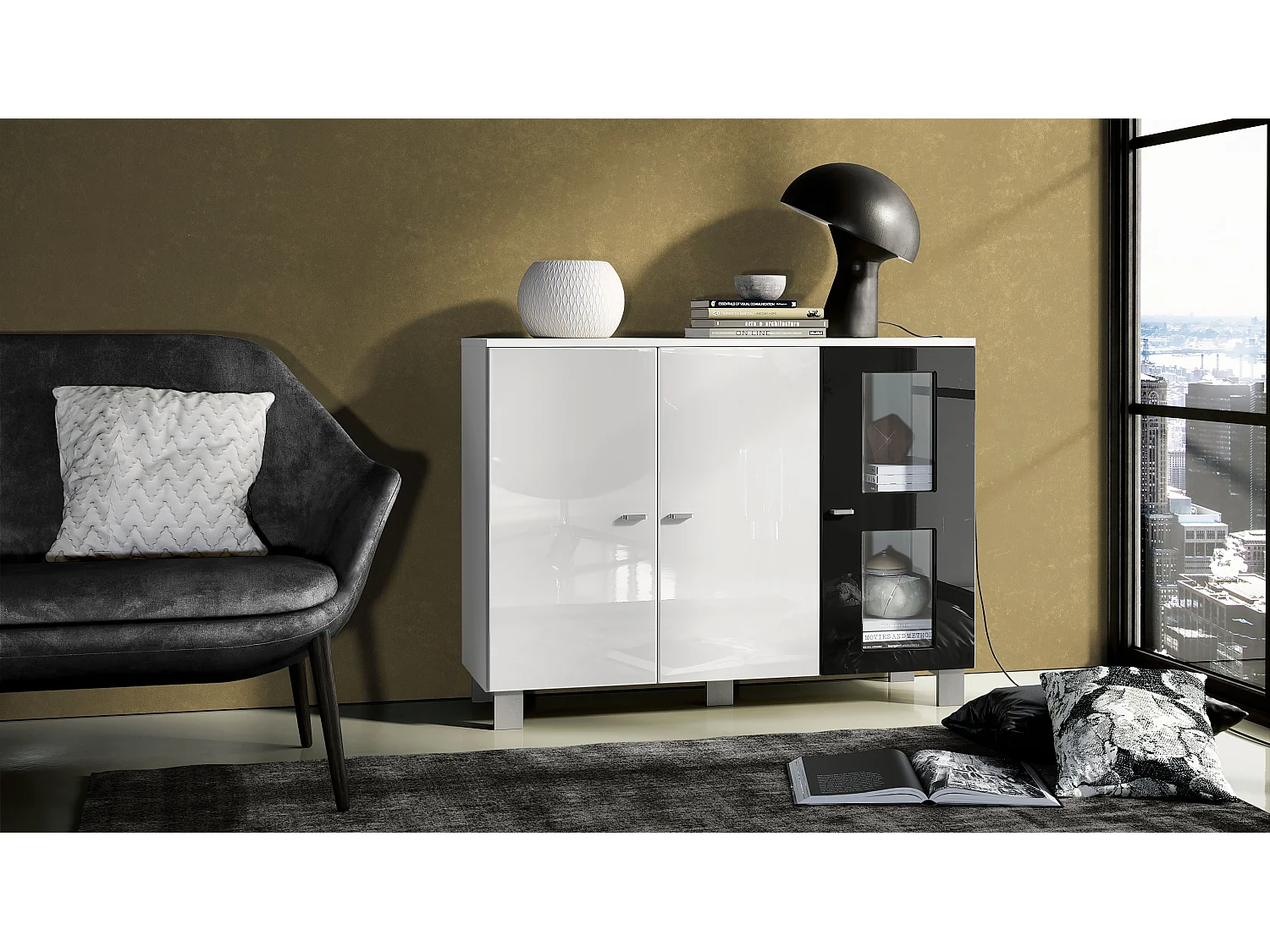 Buffet Denjo, Commode avec 3 portes, Blanc mat/Blanc haute brillance/Noir haute brillance (107 x 81 x 35 cm)