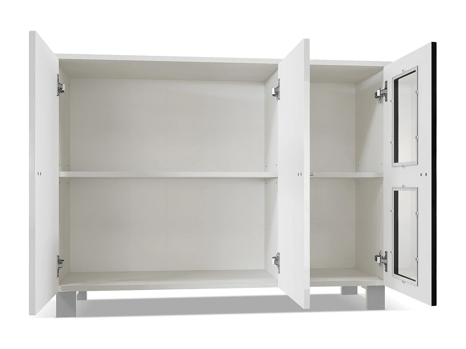 Buffet Denjo, Commode avec 3 portes, Blanc mat/Blanc haute brillance/Noir haute brillance (107 x 81 x 35 cm)