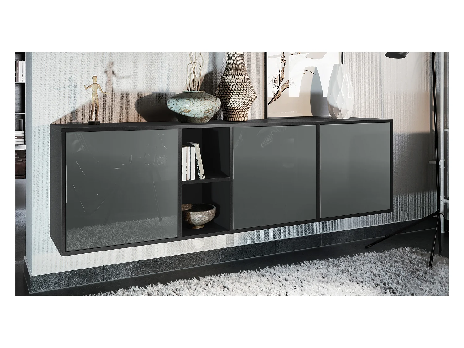 Commode Cuba - noir mat/gris haute brillance - Buffet moderne pour votre salon - (LxHxP) 182x53x35 cm