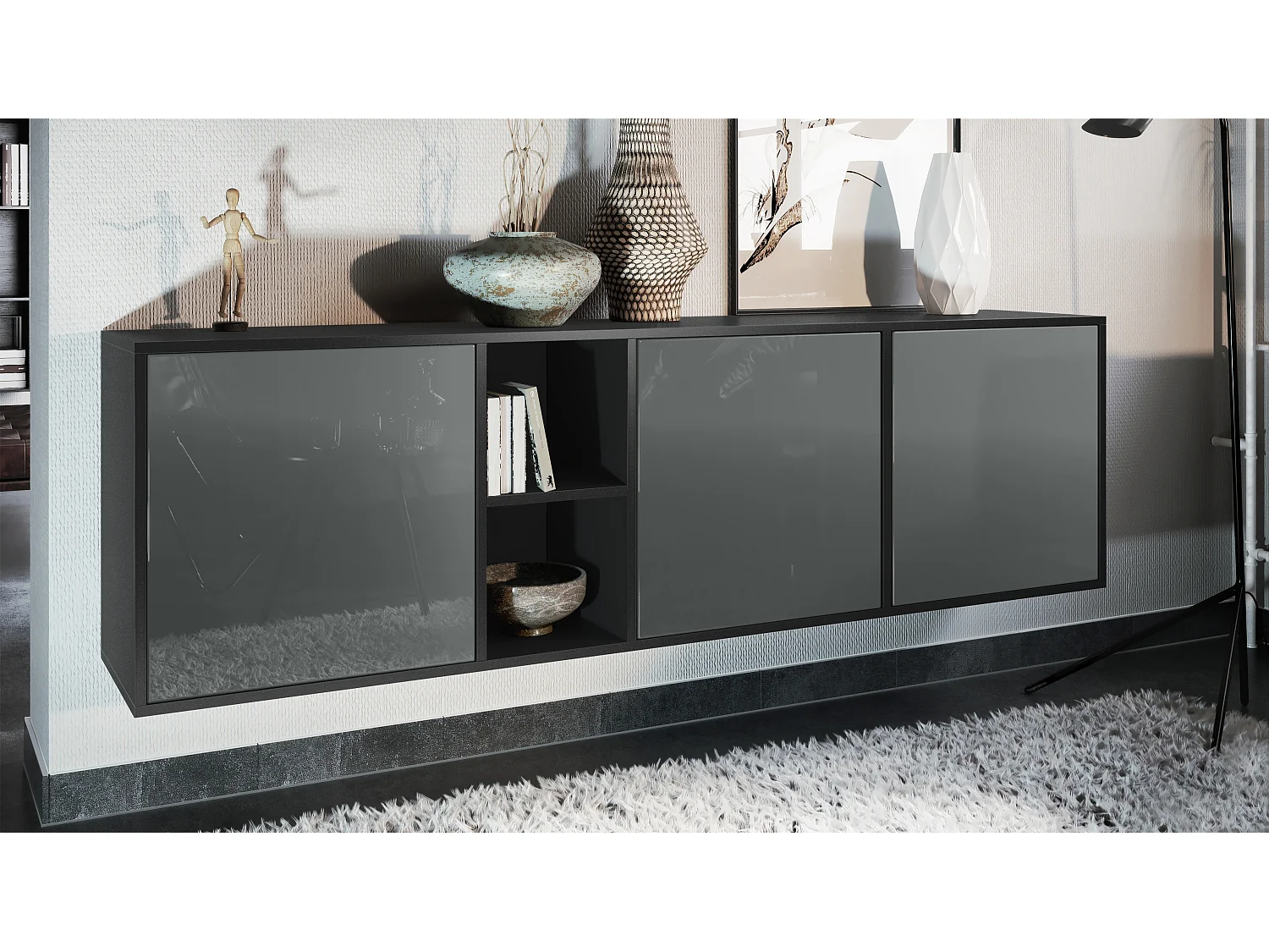 Vladon Cassettiera Cuba - nero opaco/grigio lucido - Credenza moderna per la zona giorno - (LxAxP) 182x53x35 cm