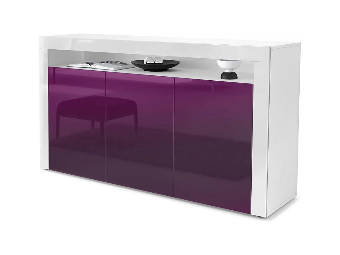 Buffet Valencia, Commode avec 3 portes et 1 compartiment ouvert, Blanc mat/mûre haute brillance/blanc haute brillance (155 x 92 x 40 cm)