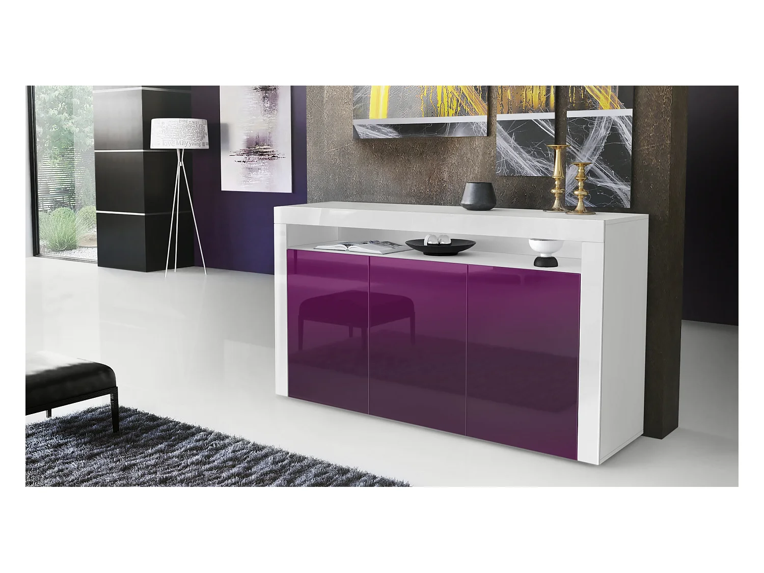 Buffet Valencia, Commode avec 3 portes et 1 compartiment ouvert, Blanc mat/mûre haute brillance/blanc haute brillance (155 x 92 x 40 cm)