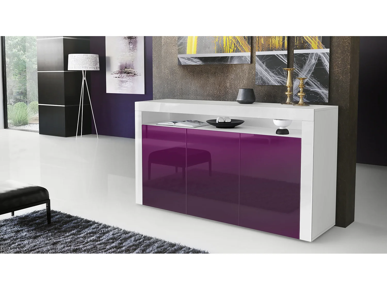 Madia  Valencia, mobile a 3 ante e 1 scomparto aperto, bianco opaco/violetto porpora lucido/bianco lucido (155 x 92 x 40 cm)