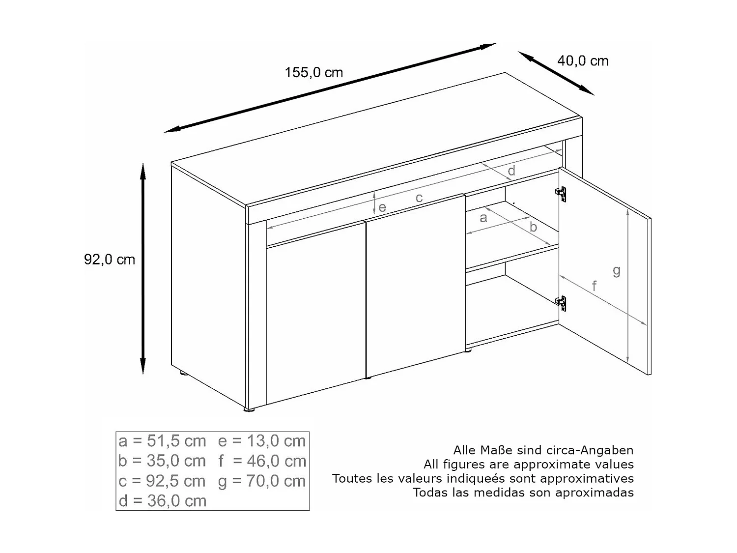 Buffet Valencia, Commode avec 3 portes et 1 compartiment ouvert, Blanc mat/mûre haute brillance/blanc haute brillance (155 x 92 x 40 cm)