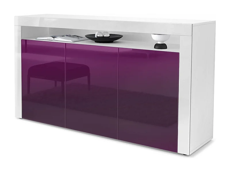 Madia  Valencia, mobile a 3 ante e 1 scomparto aperto, bianco opaco/violetto porpora lucido/bianco lucido (155 x 92 x 40 cm)