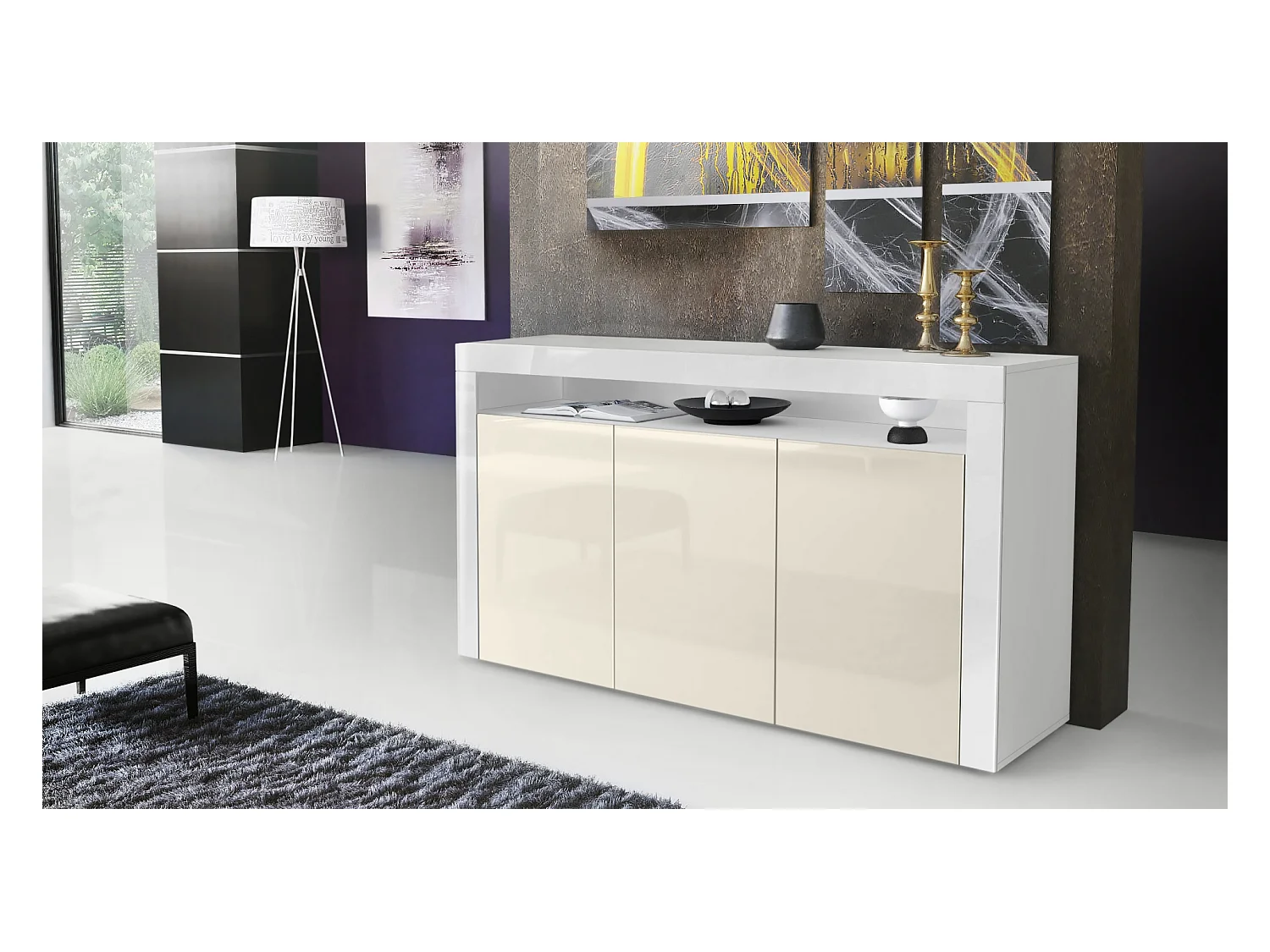 Buffet Valencia, Commode avec 3 portes et 1 compartiment ouvert, Blanc mat/crème haute brillance/blanc haute brillance (155 x 92 x 40 cm)