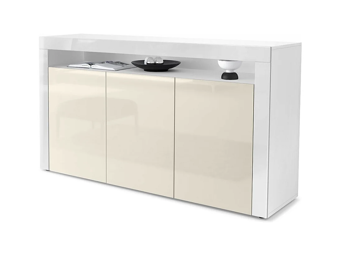 Buffet Valencia, Commode avec 3 portes et 1 compartiment ouvert, Blanc mat/crème haute brillance/blanc haute brillance (155 x 92 x 40 cm)