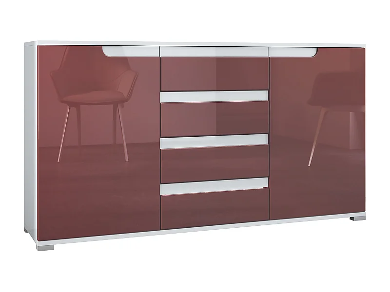 Credenza Cassettiera Sylt, struttura in nero opaco / frontale in bordeaux lucido con compensazioni in bianco lucido (139 x 72 x 35)