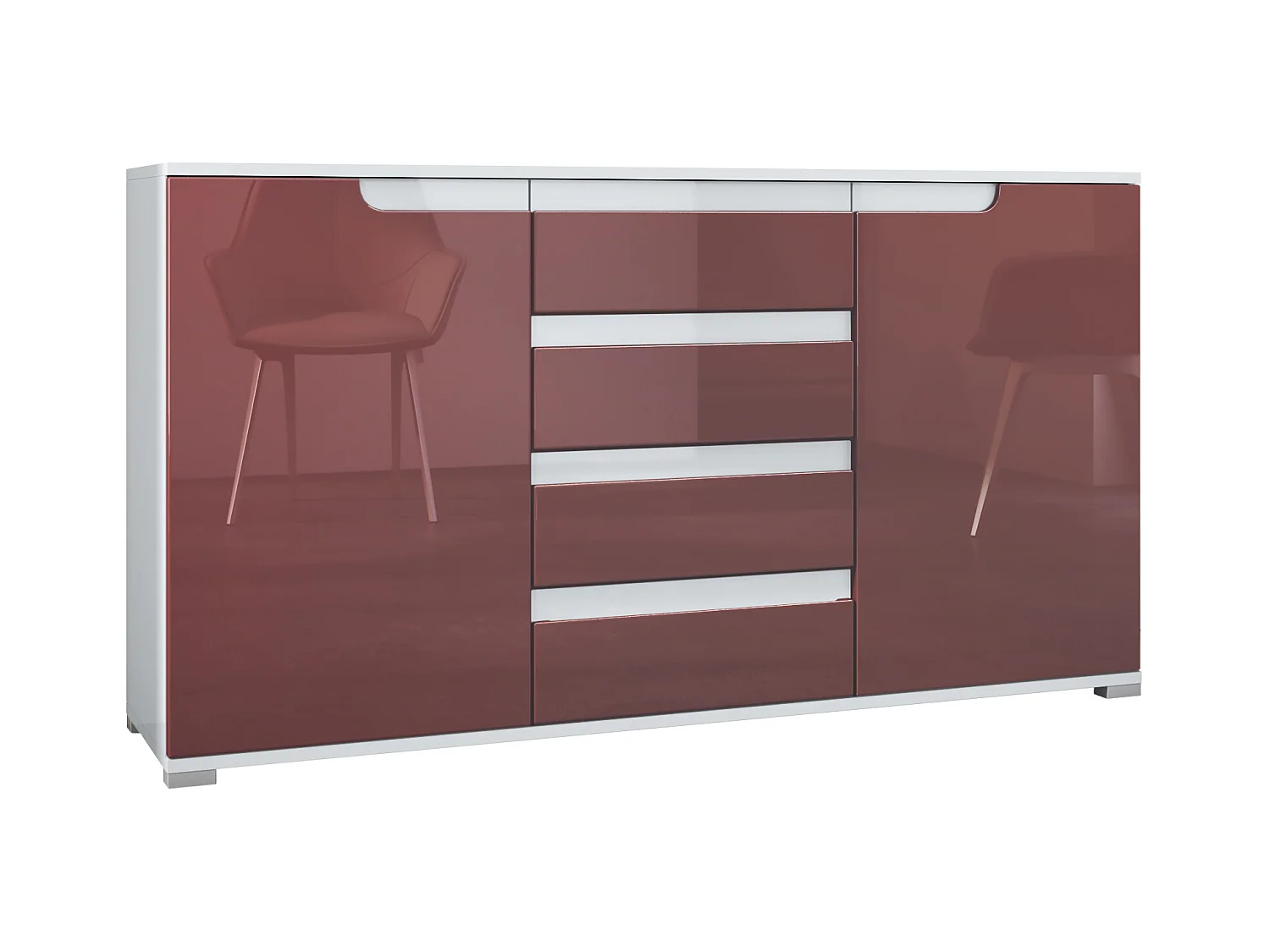 Buffet Dressoir Sylt, Corps en Noir mat / Façades en bordeaux haute brillance avec un decor en blanc haute brillance (139 x 72 x 35)