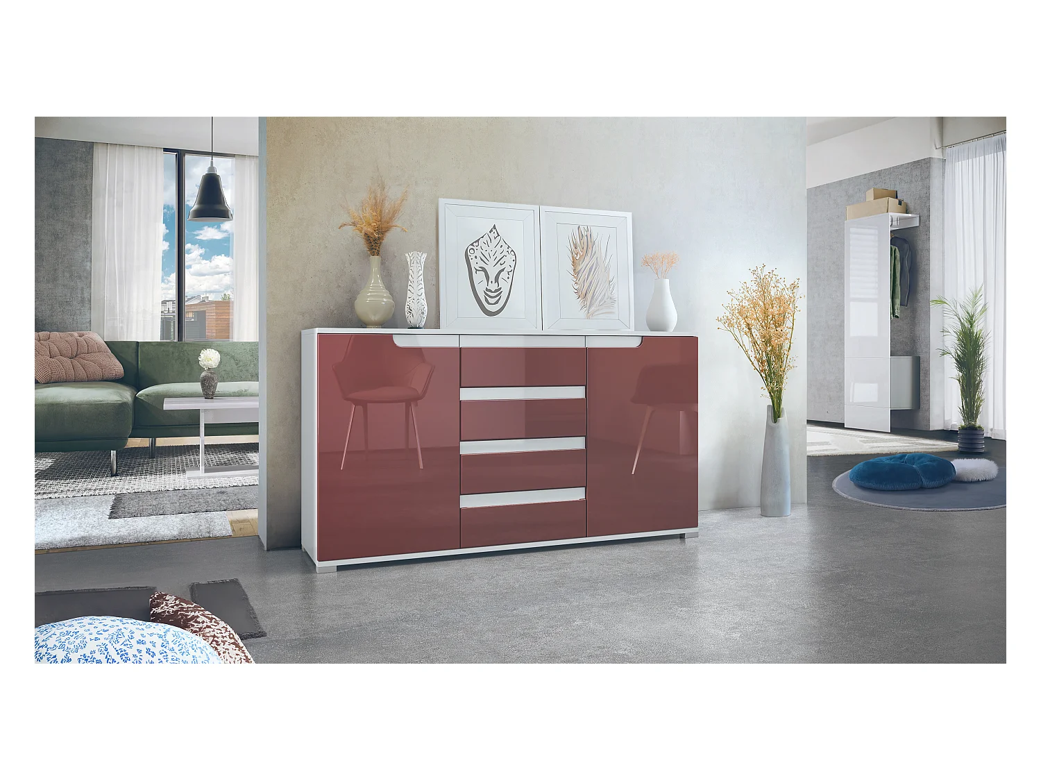 Buffet Dressoir Sylt, Corps en Noir mat / Façades en bordeaux haute brillance avec un decor en blanc haute brillance (139 x 72 x 35)