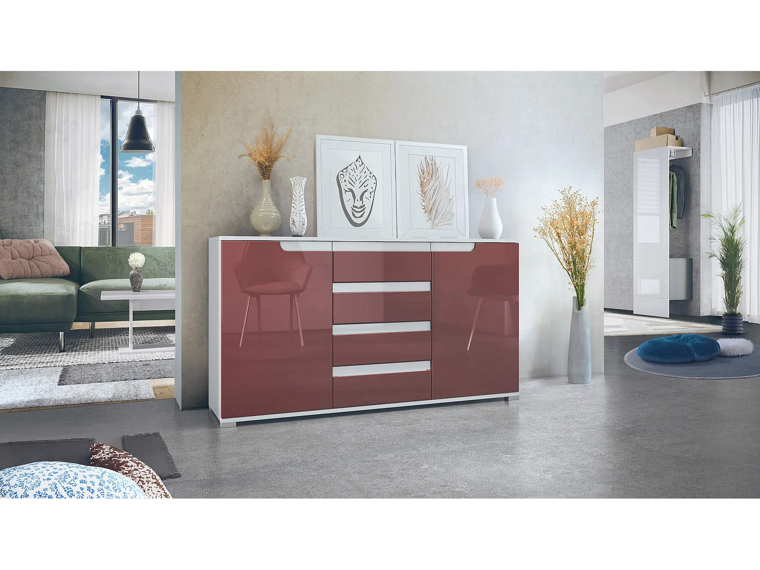 Buffet Dressoir Sylt, Corps en Noir mat / Façades en bordeaux haute brillance avec un decor en blanc haute brillance (139 x 72 x 35)