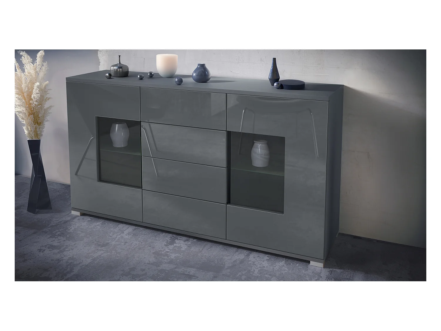 Buffet Grömitz V1 – Meuble avec 2 Grandes Portes et 4 Tiroirs, anthracite mat/gris haute brillance (138,5 x 75,5 x 35)